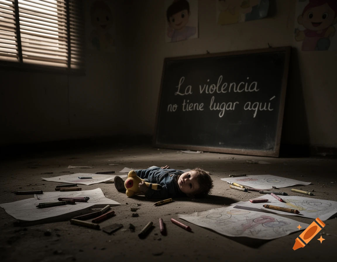 A child in denim overalls lies on a dirty floor surrounded by scattered crayons and drawings in a dark, dilapidated room. A blackboard in the background reads "La violencia no tiene lugar aquí" (Violence has no place here). The scene is somber and dramatic.