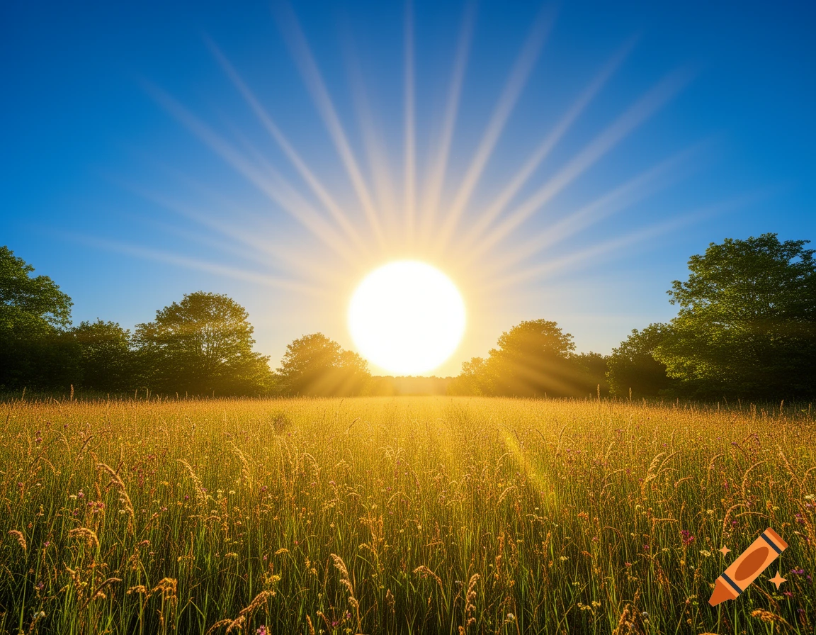 Bright sun with prominent rays over a golden field of tall grass and trees against a clear blue sky.