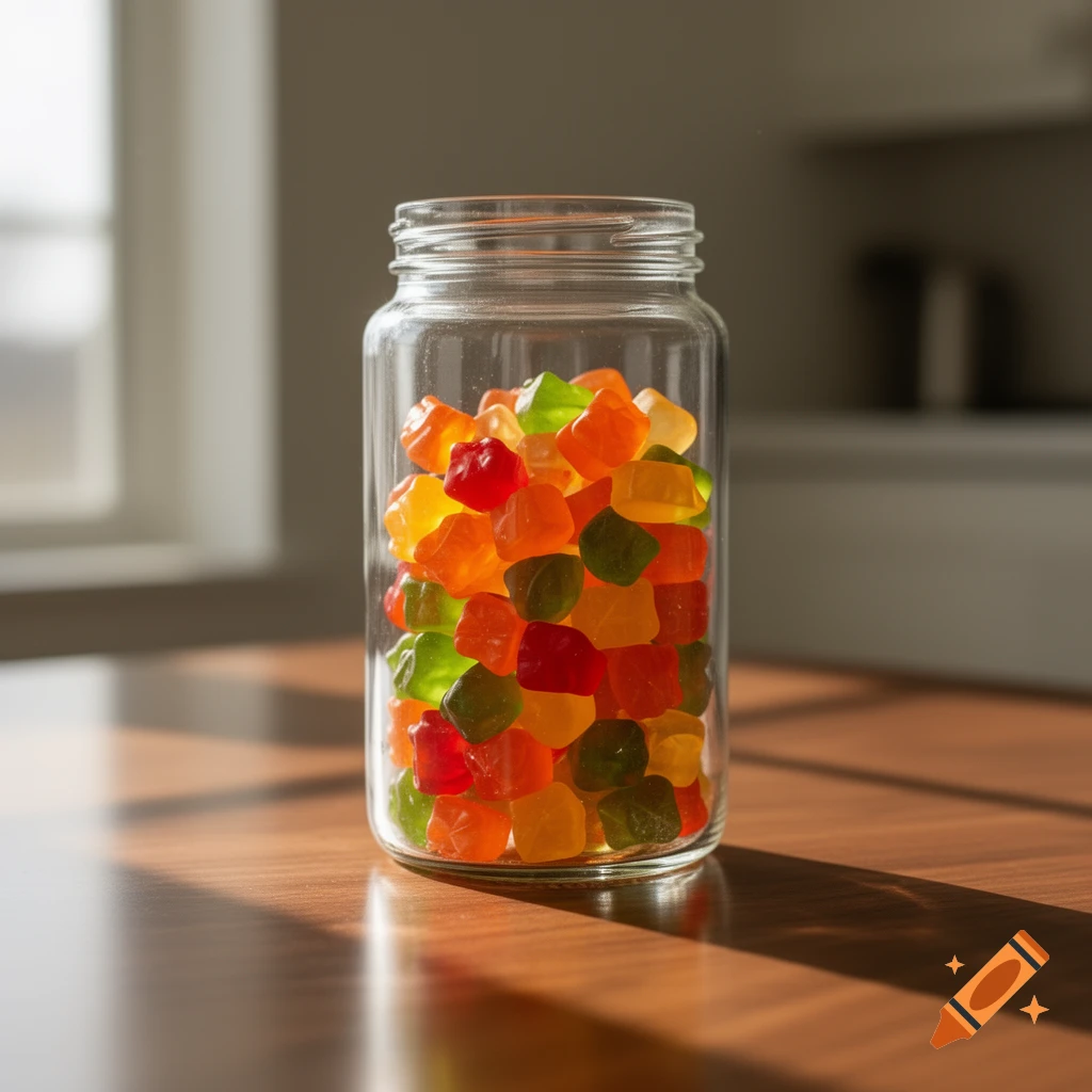 A clear glass jar filled with colorful gummy candies sits on a wooden table, lit by sunlight.