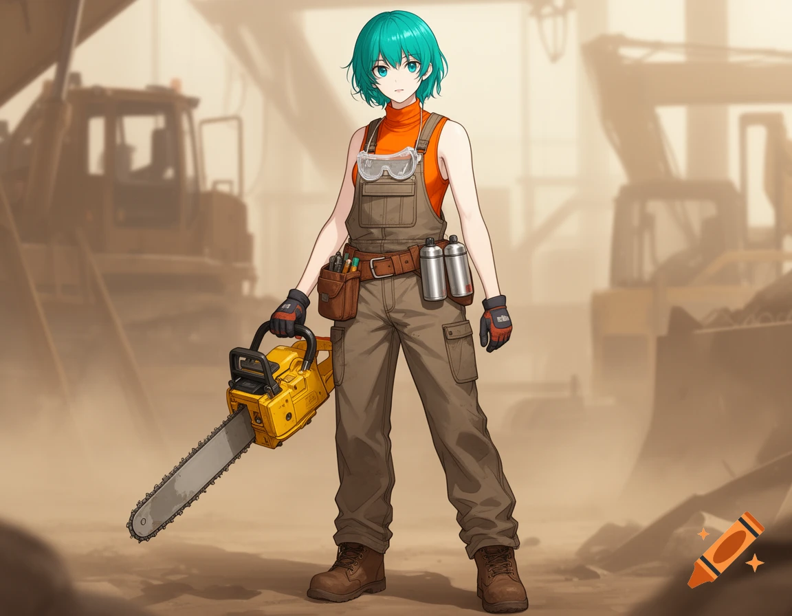 Anime woman with teal hair in construction overalls holds a yellow chainsaw in a dusty construction site.
