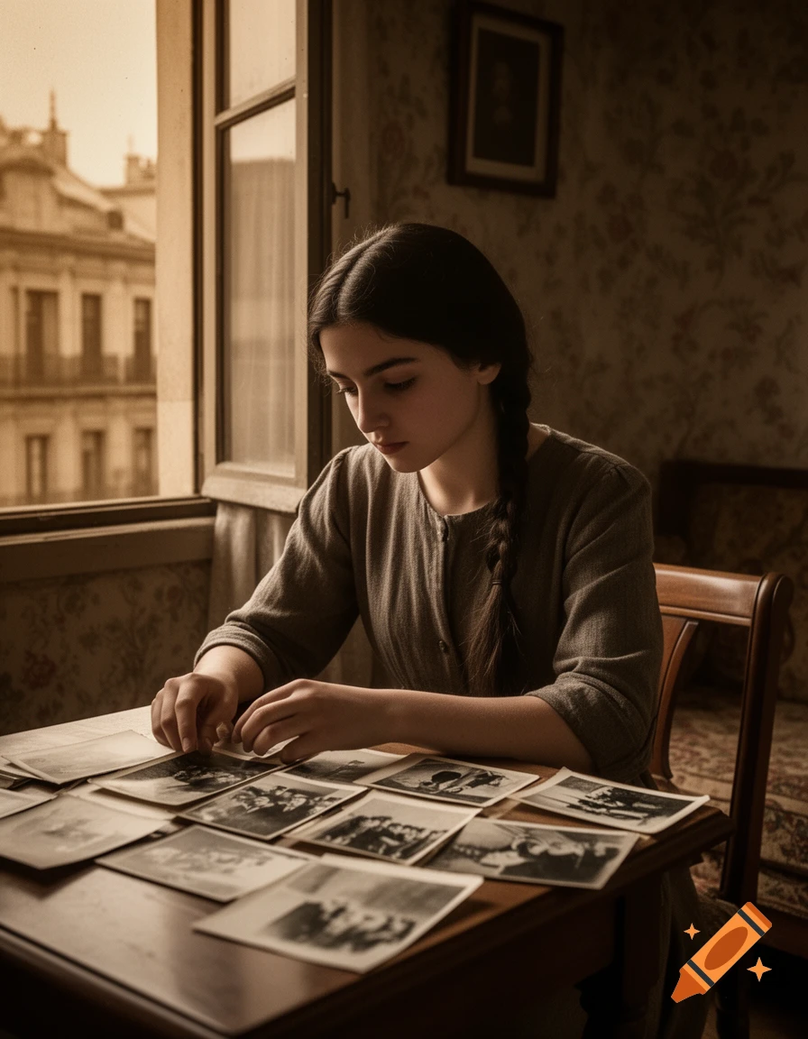 A young woman with a braided ponytail sits at a wooden table, sifting through a spread of old sepia-toned photographs by a window.