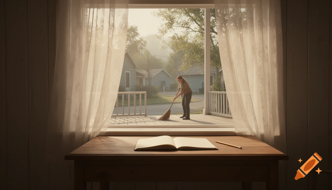 View from a sunlit room with a journal on a desk, a person sweeping a porch in a peaceful, photorealistic town.