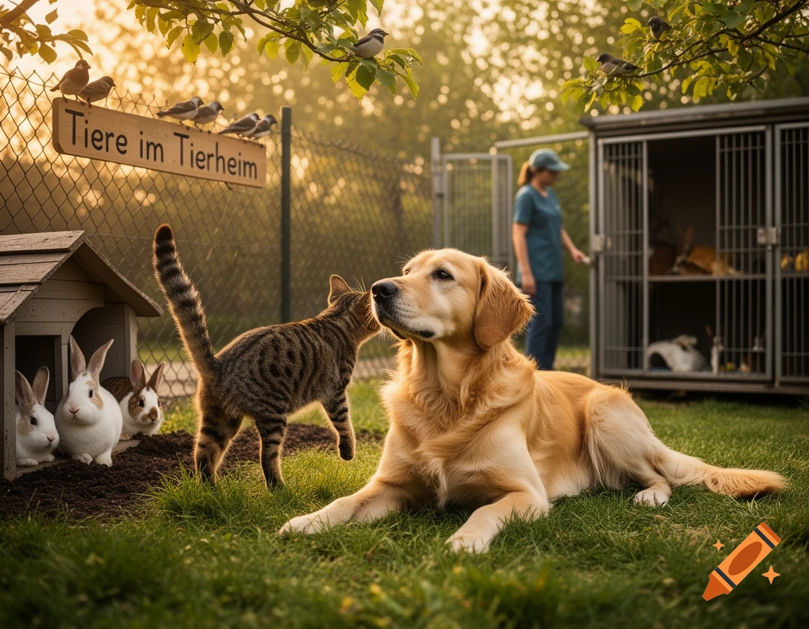 A golden retriever, tabby cat, and rabbits in a sunny animal shelter, with a sign, a person, and cages in the background, photorealistic.