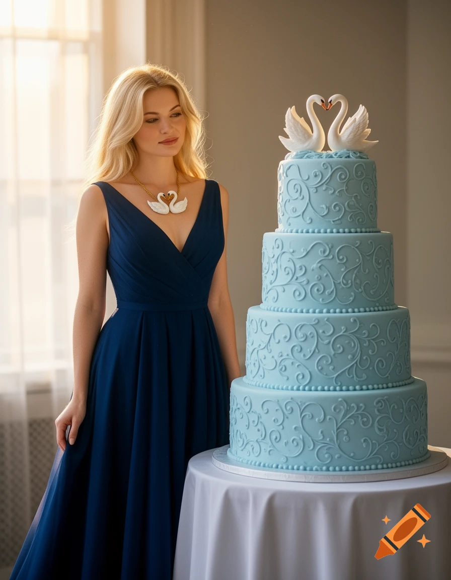 Blonde woman in a navy dress looks at a four-tier light blue wedding cake with swan toppers.