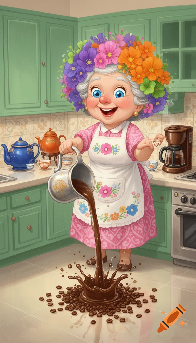 A whimsical illustration of a joyful elderly woman with a flower-adorned hairstyle spilling coffee in a green kitchen.