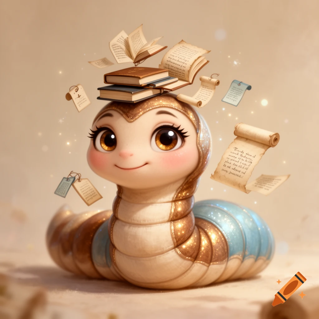 A cute, stylized bookworm character with large eyes, balancing books and scrolls, in a warm, magical setting.