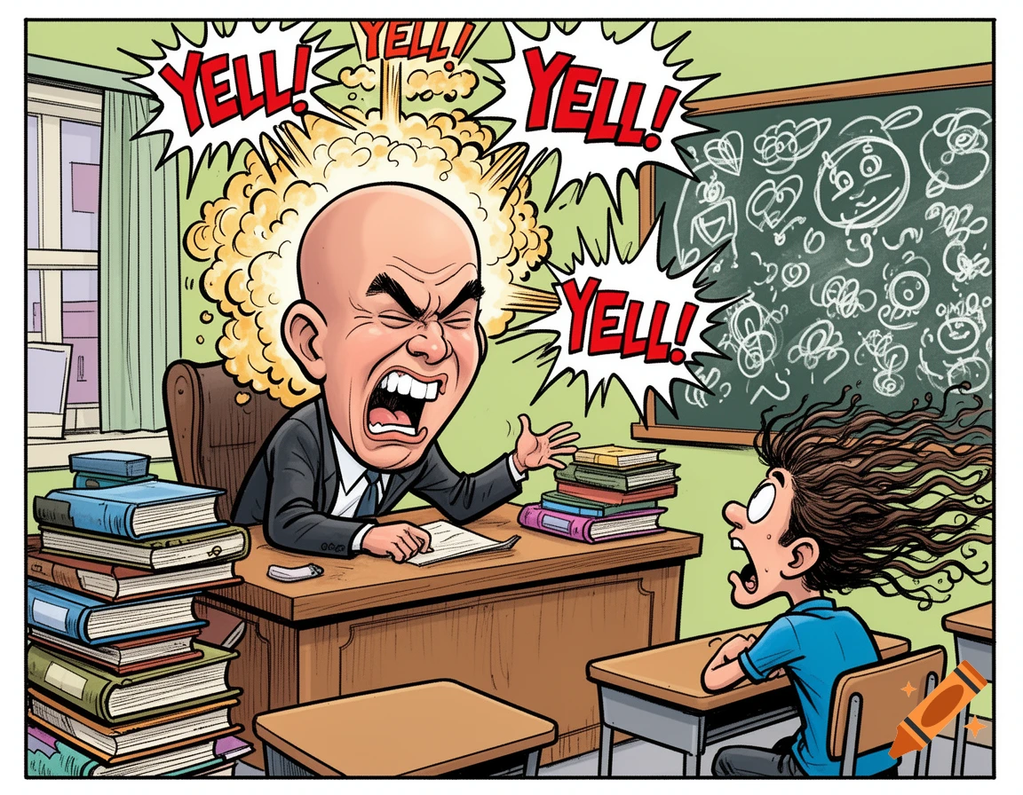 A comic strip illustration of a bald male teacher with an oversized head yelling at a student in a classroom.