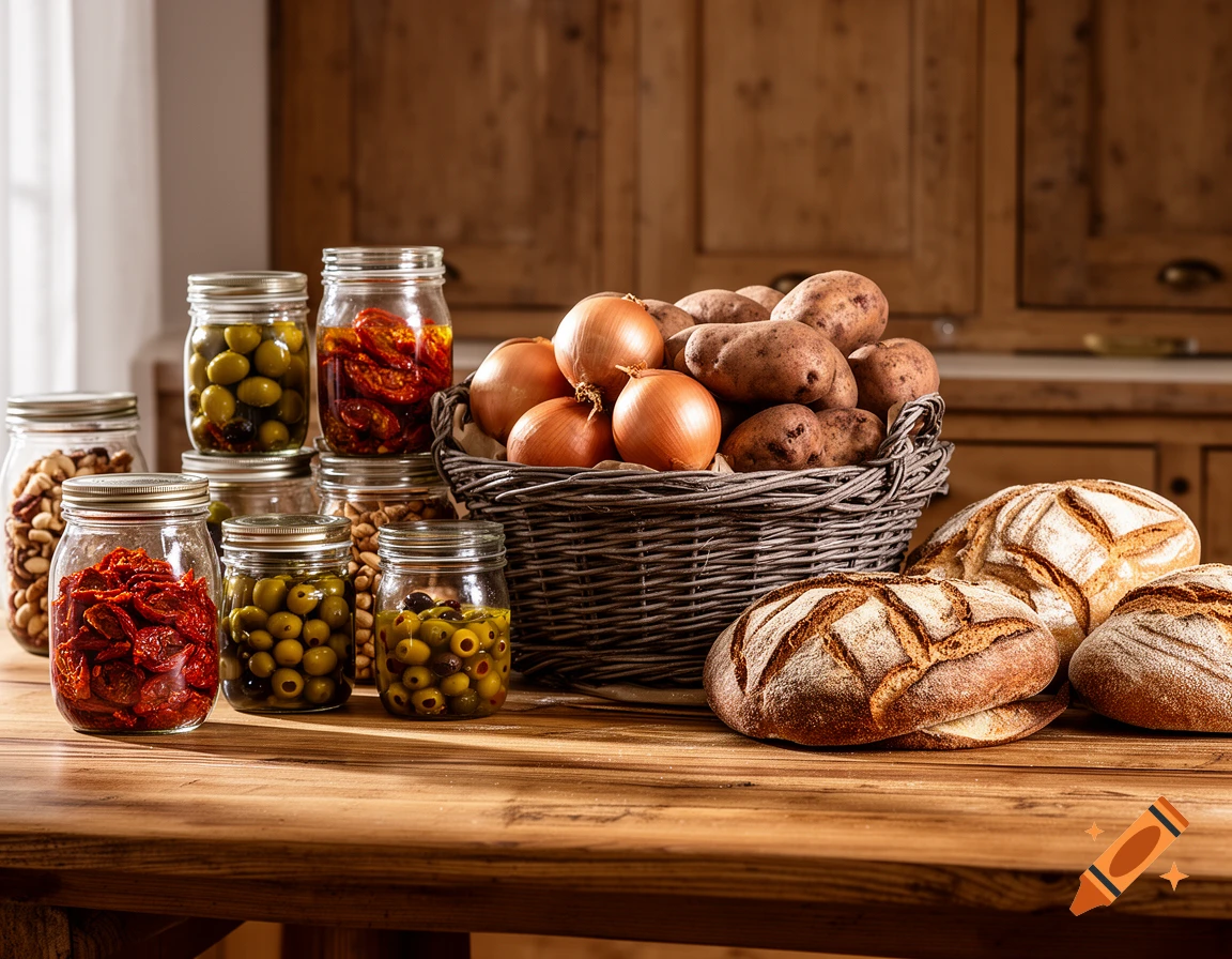 Jars of olives, sun-dried tomatoes, and nuts, with a basket of potatoes, onions, and loaves of bread on a wooden kitchen table.