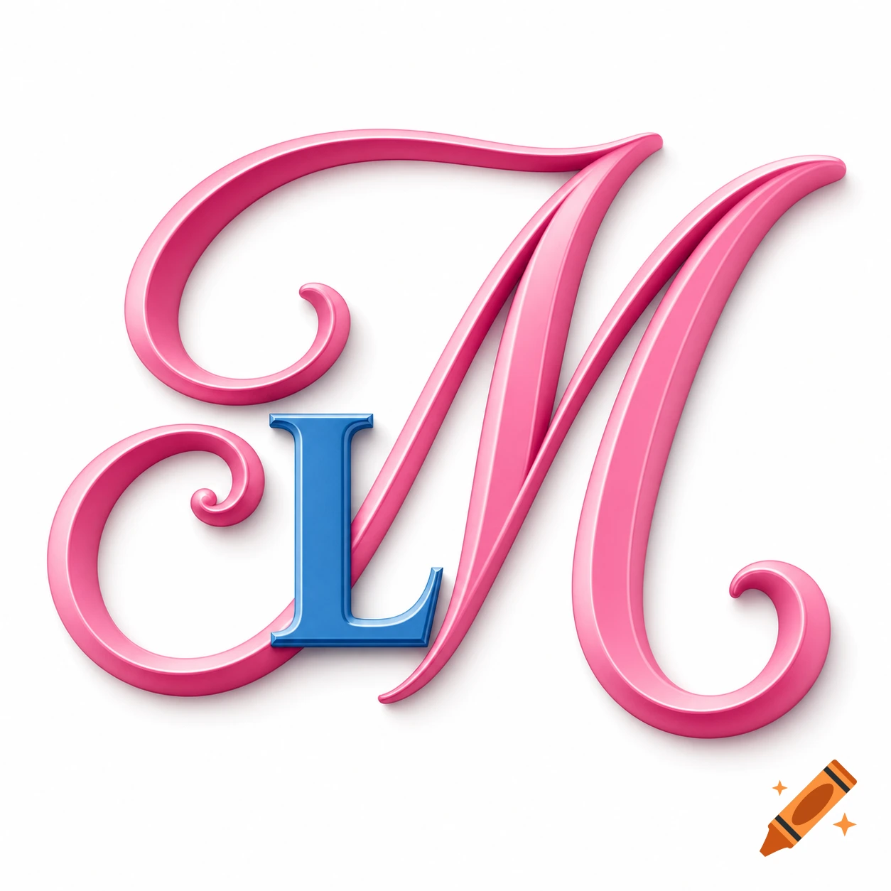 A monogram featuring a small blue capital block letter L partially overlapping a large pink capital cursive letter M, on a white background.