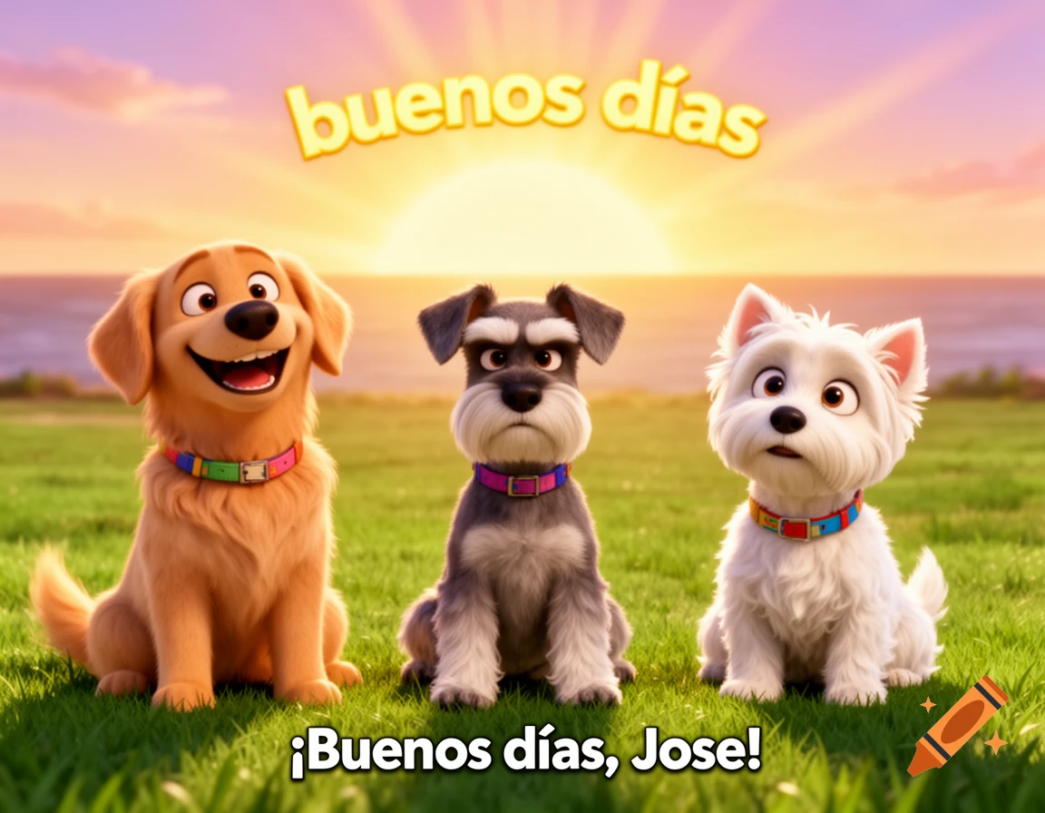 Three cartoon dogs (Golden Retriever, Schnauzer, Westie) sit in grass at sunrise. Text reads "buenos días" and "¡Buenos días, Jose!"