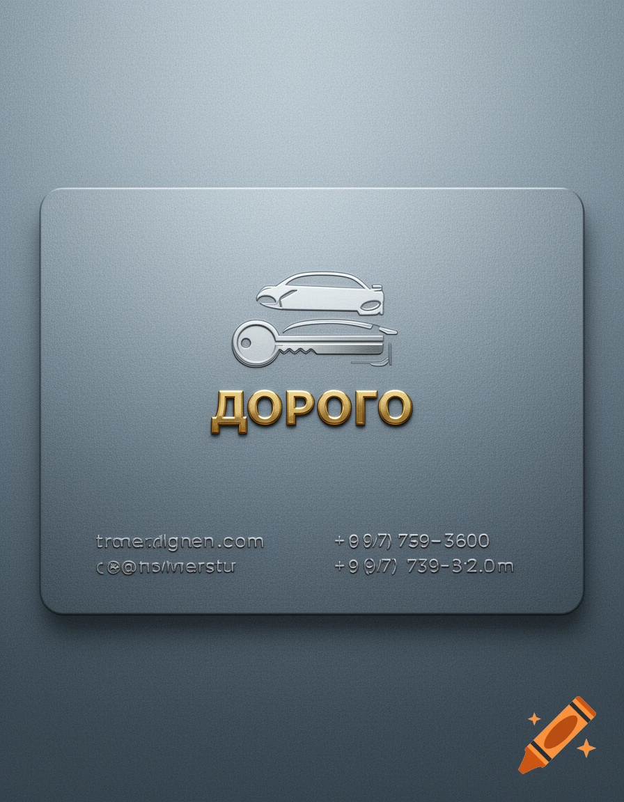 A gray business card with a silver outline of a car and a key above the gold word "ДОРОГО" (expensive). Below are illegible contact details.