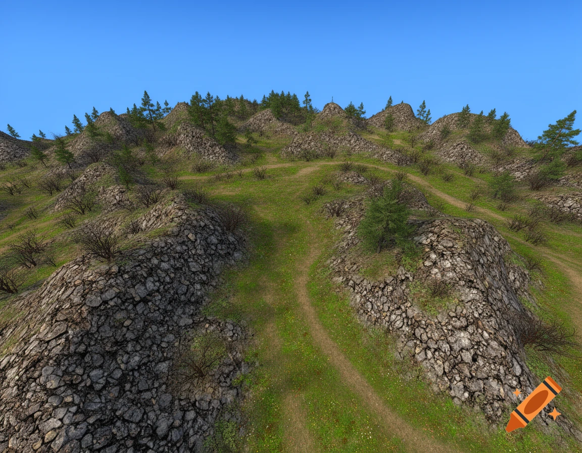 A rocky, green hill landscape with scattered trees under a clear blue sky, resembling a video game map.