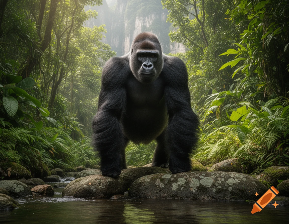 A powerful, photorealistic gorilla stands on rocks in a shallow jungle stream, surrounded by dense green foliage.