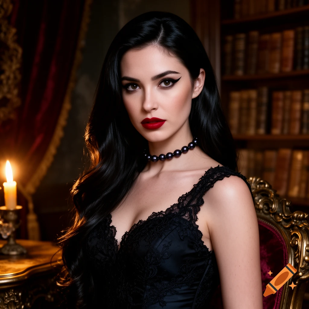 A striking woman with long dark hair, red lips, and a black lace top, wearing a pearl choker, against a background of bookshelves and candlelight.