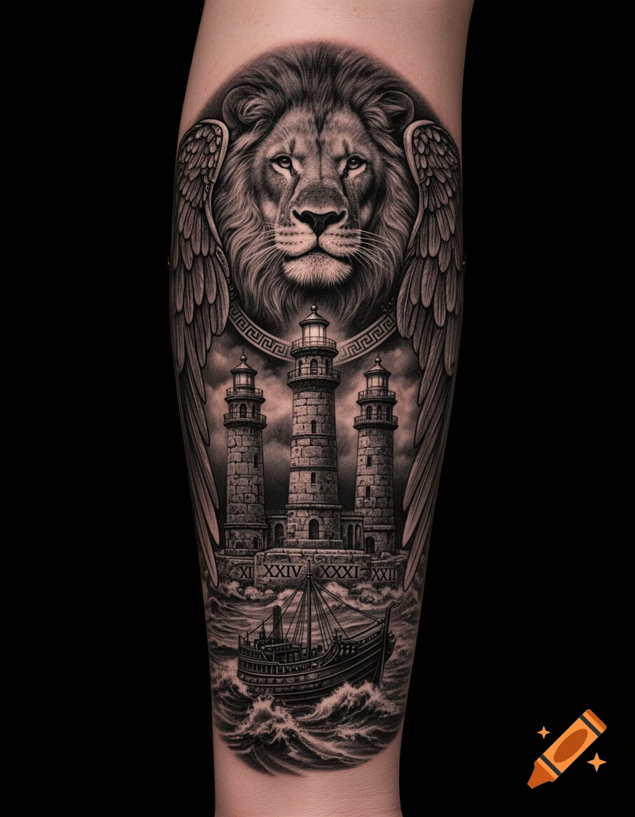 A black and grey tattoo design on an arm featuring a winged lion head above three lighthouses and an ancient ship in rough seas.