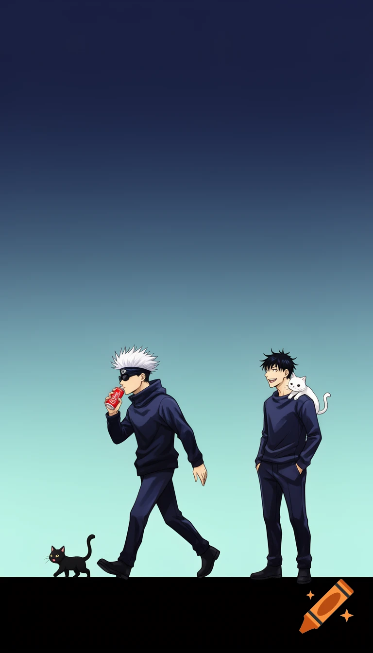 Anime characters Gojo Satoru with sunglasses drinking soda, a black cat following him, and Geto Suguru with a white cat on his shoulder, against a blue gradient.