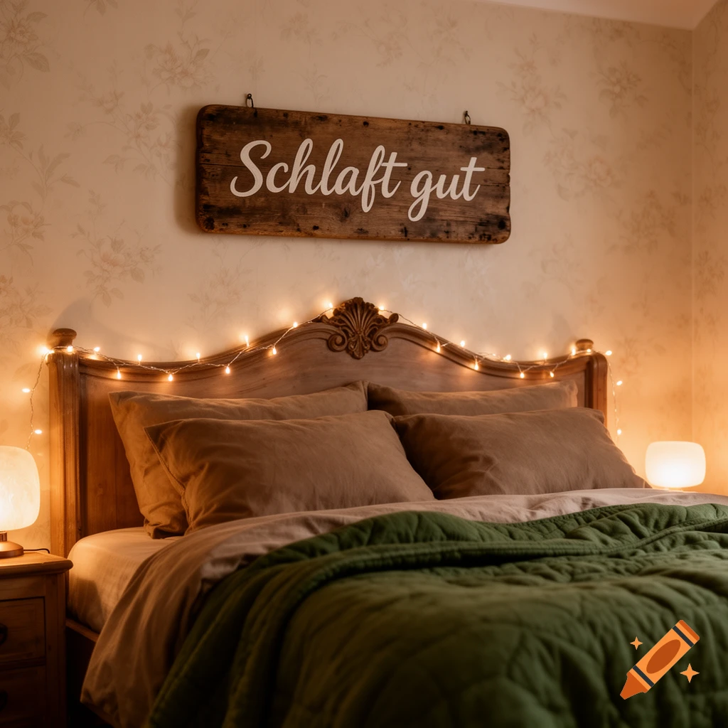 A cozy bedroom with a wooden bed, fairy lights, and a sign saying "Schlaft gut" above the headboard.