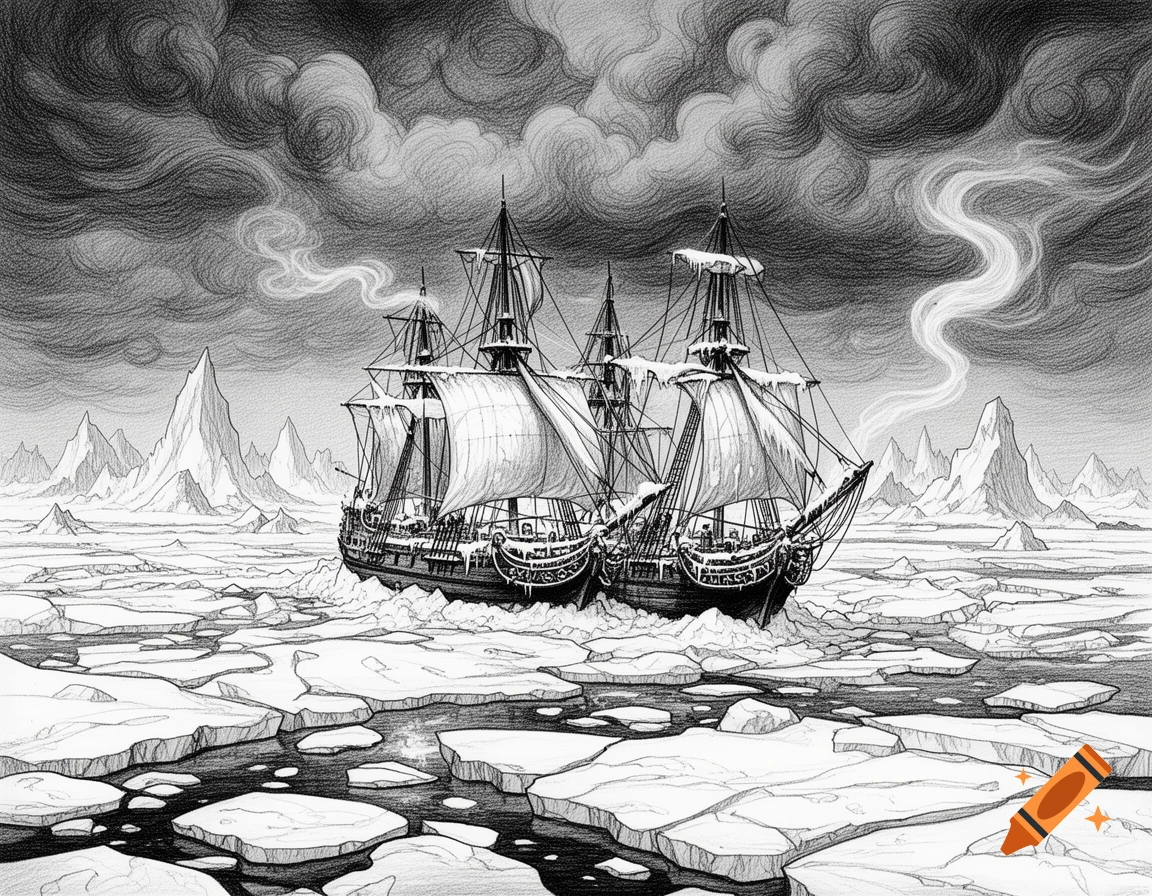 A black and white pencil sketch of two large sailing ships trapped in vast pack ice, surrounded by jagged icebergs under a dark, stormy sky.