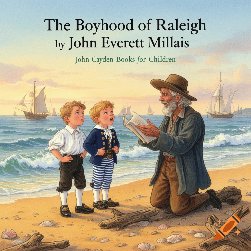 An illustration of an old man reading a book to two young boys on a beach with sailboats. Titled 'The Boyhood of Raleigh'.