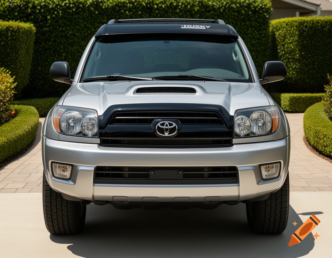 Front view of a silver Toyota 4Runner SUV with a black grill, hood scoop, and Husky bug deflector, parked on a driveway.