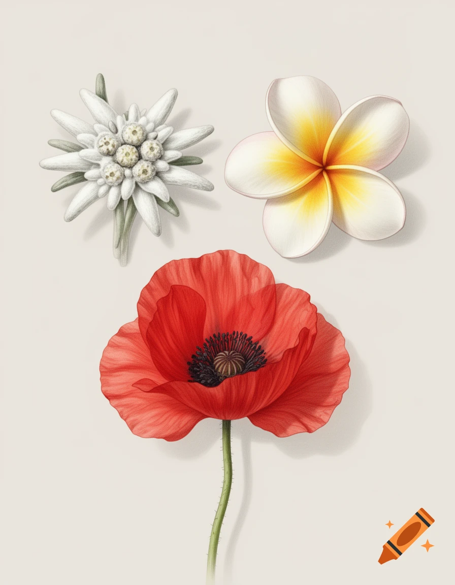 A fine botanical illustration of an edelweiss, a frangipani, and a red poppy flower on a neutral background.