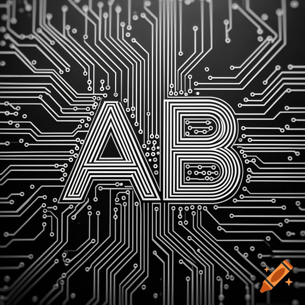 Stylized letters A and B formed by white circuit board lines on a black background.