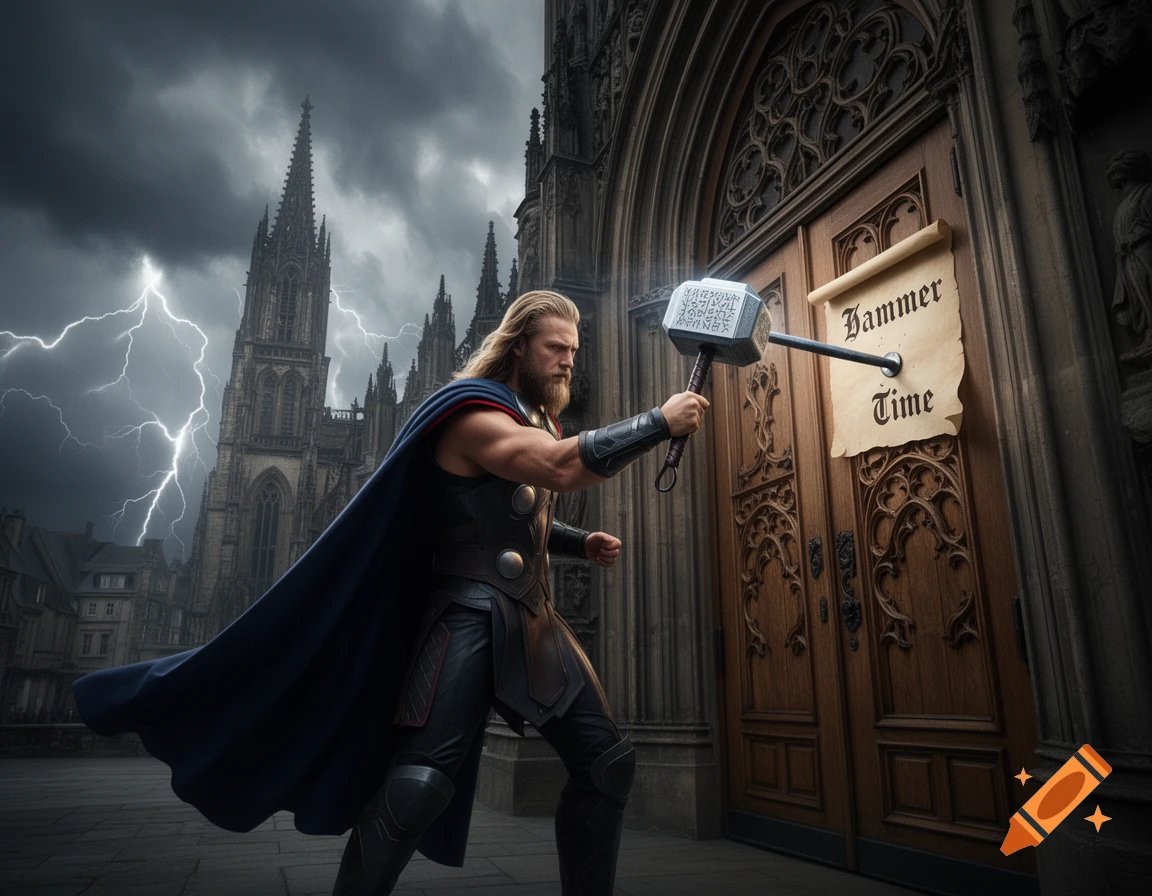 Thor in armor and cape hammers a 'Hammer Time' scroll onto a grand cathedral door as lightning flashes in a stormy sky.