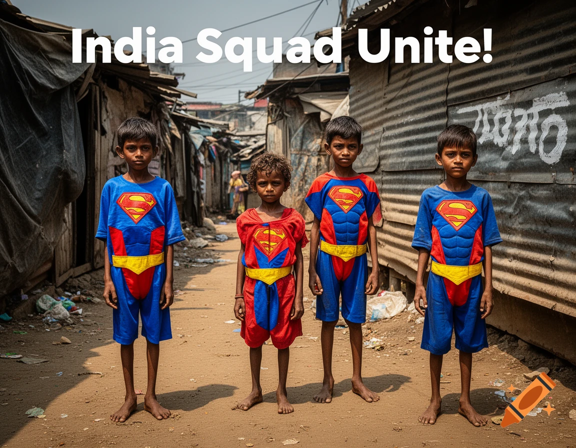 Four barefoot Indian children in Superman costumes stand in a slum street with the caption "India Squad Unite!"