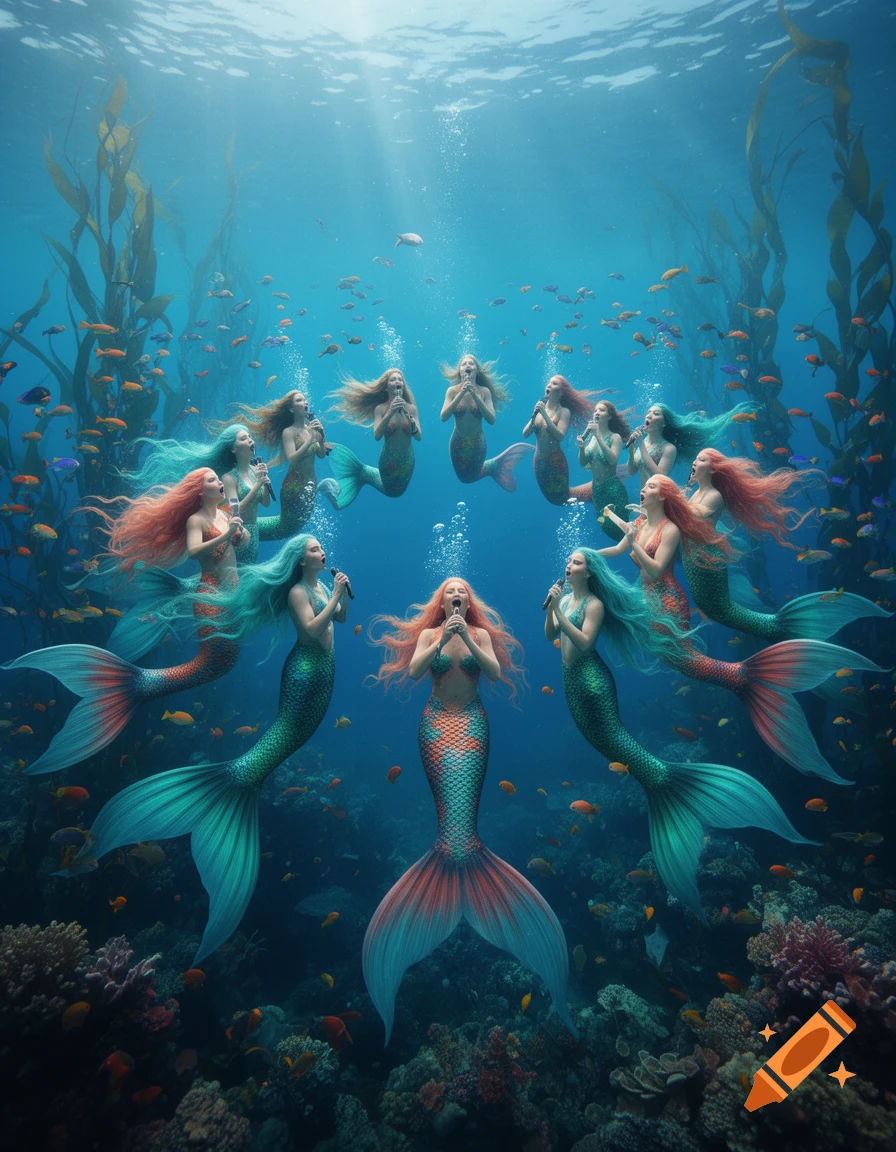 Photorealistic image of many mermaids with colorful hair and tails singing in a circle underwater amidst fish and coral reefs.