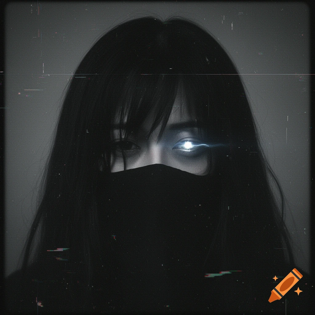 Close-up of a mysterious Japanese woman's face, partially obscured by black hair and mask, with one glowing eye, in a dark, gritty VHS-style aesthetic.