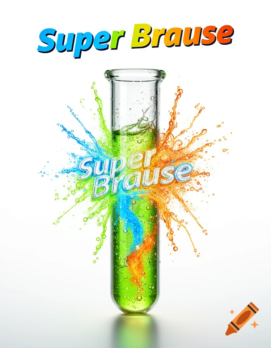 A test tube with green liquid, surrounded by exploding blue and orange liquid splashes forming the words "Super Brause." White background.