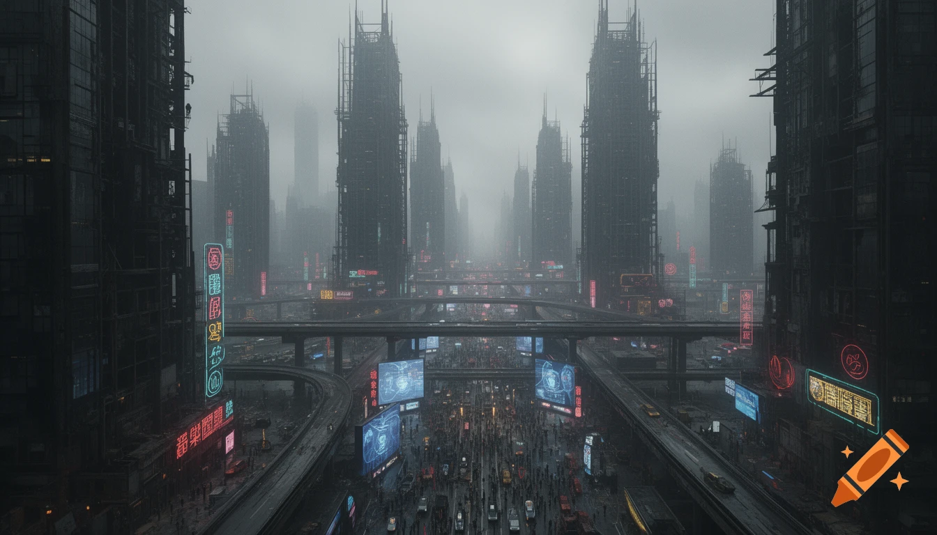 A vast, foggy dystopian cityscape at dusk, featuring towering skyscrapers, elevated highways, crowded streets, and glowing neon signs.