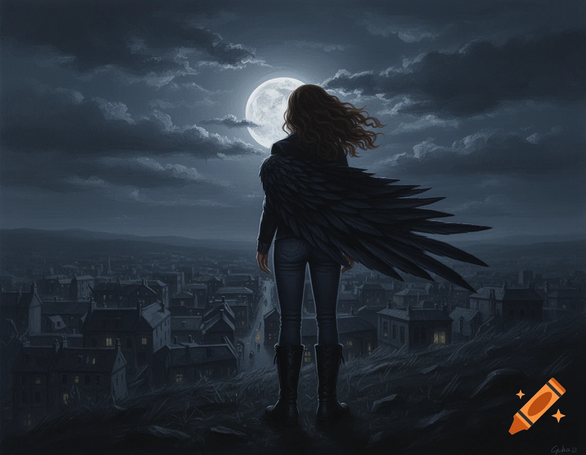 A woman with dark wings stands on a hill overlooking a city under a full moon and cloudy night sky. Dark fantasy.