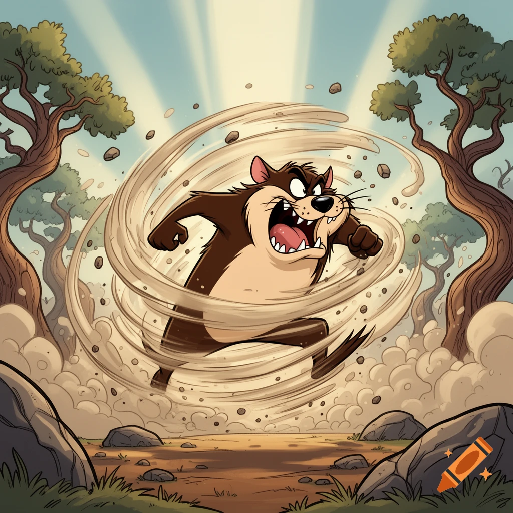 Cartoon character Taz the Tasmanian Devil spins rapidly in a brown dust tornado with a ferocious expression in a forest clearing.
