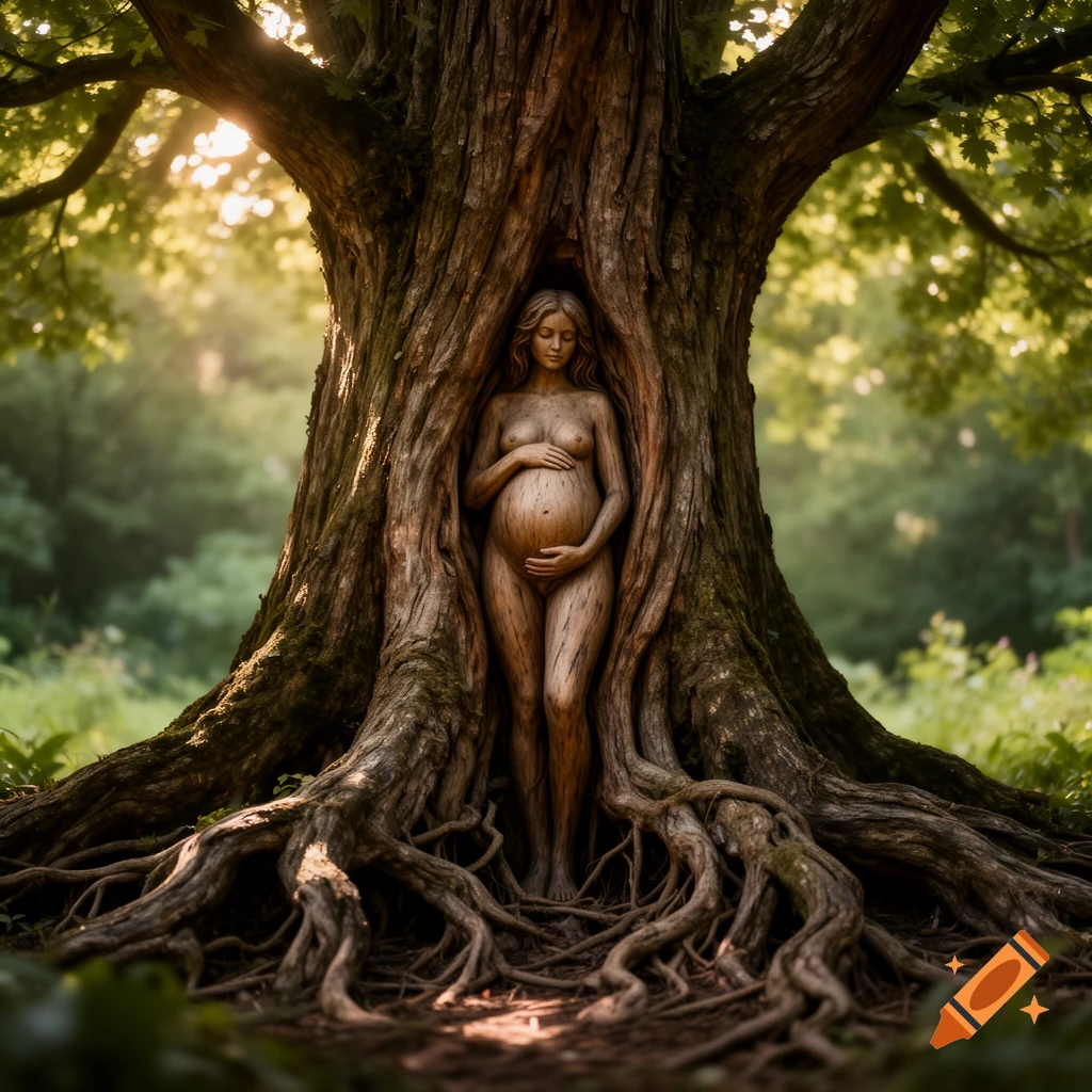 Photorealistic image of a nude pregnant woman as a carving in a large tree trunk with gnarled roots in a sunlit forest.