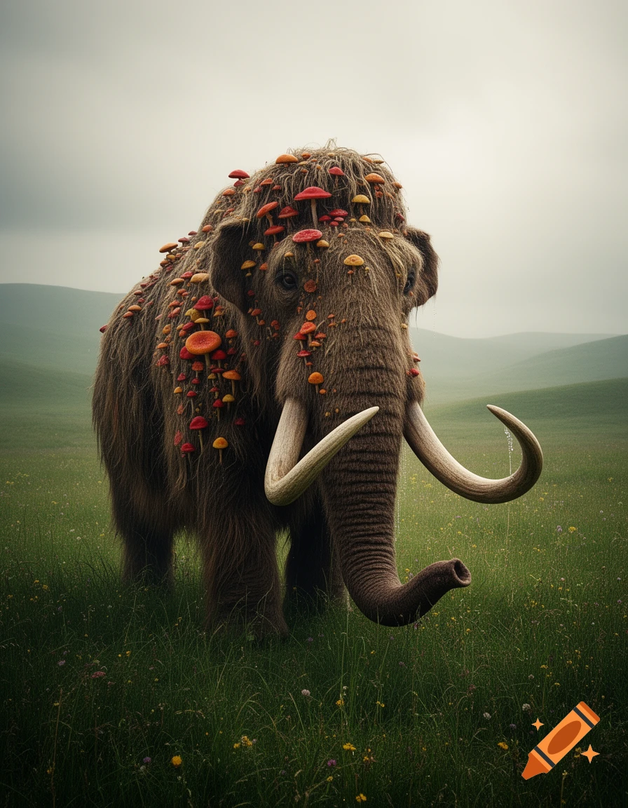 A shaggy woolly mammoth covered in red and orange mushrooms stands in a green grassy field under an overcast sky.