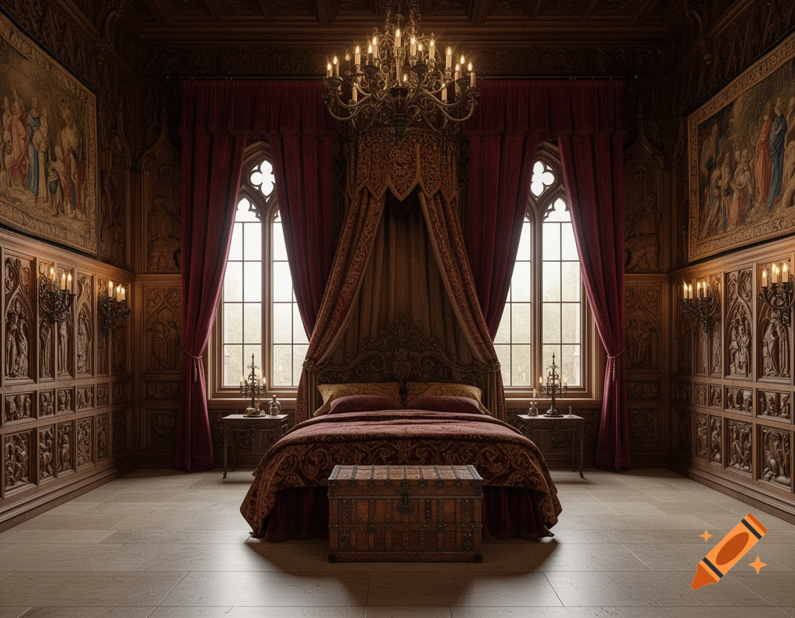 An opulent renaissance gothic bedroom with a canopy bed, large arched windows, ornate wood paneling, tapestries, and a chandelier.