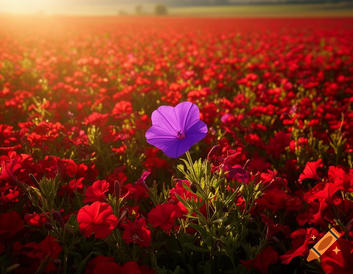 A vibrant field of red flowers under a glowing sunset, with a single ...