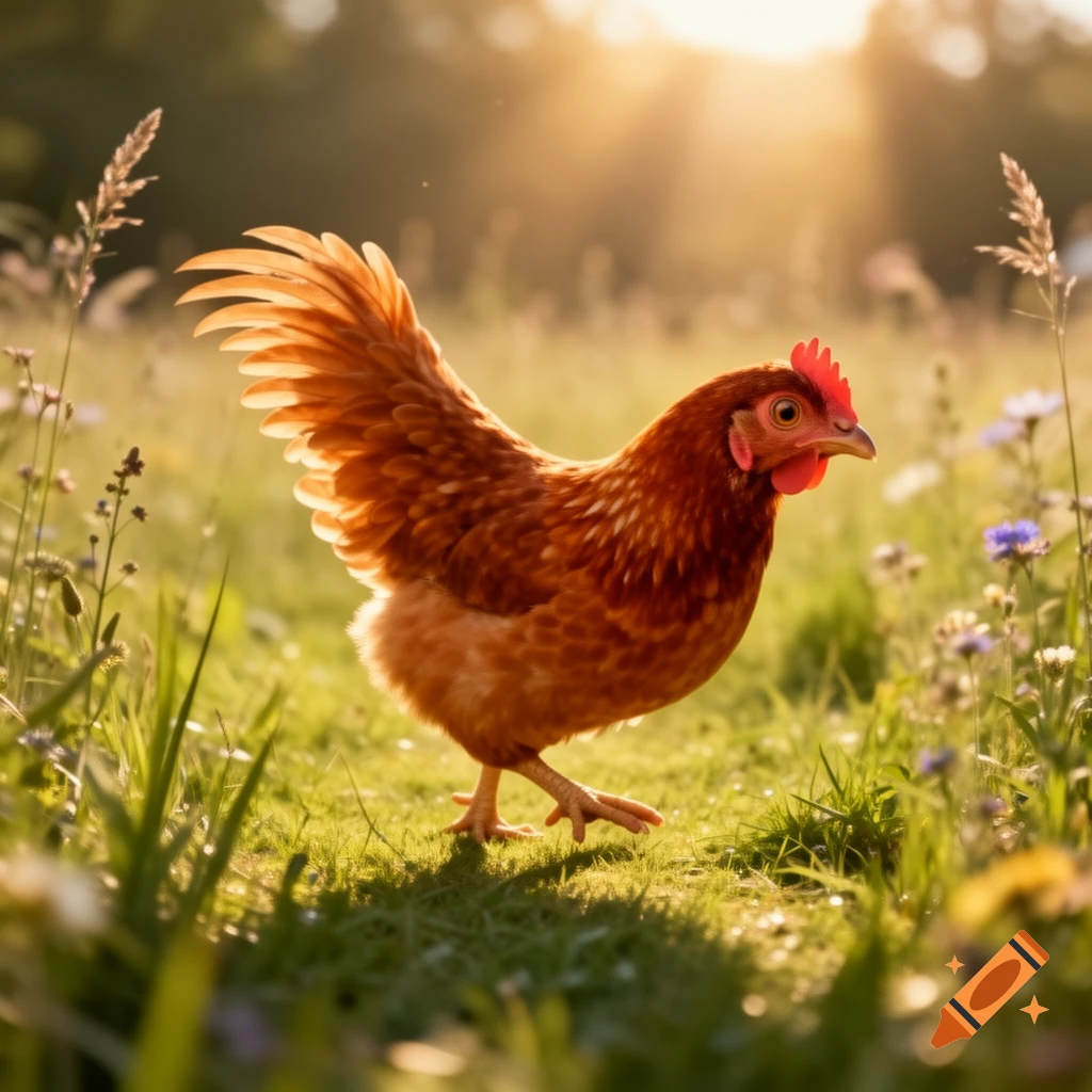A brown chicken walks in a sunlit grassy field with wildflowers during sunset, in a photorealistic style.