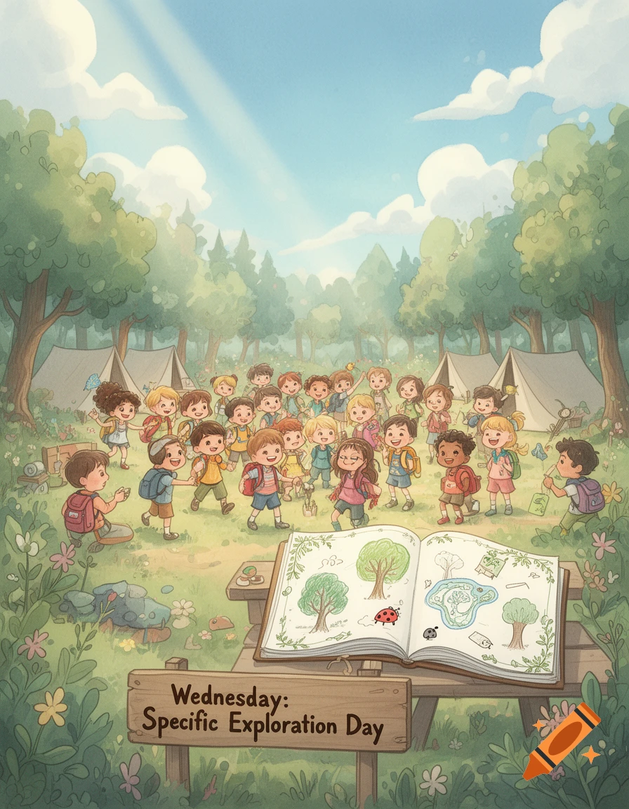 A vibrant cartoon illustration shows a group of diverse children playing and exploring in a forest campsite with tents and an open nature study book.