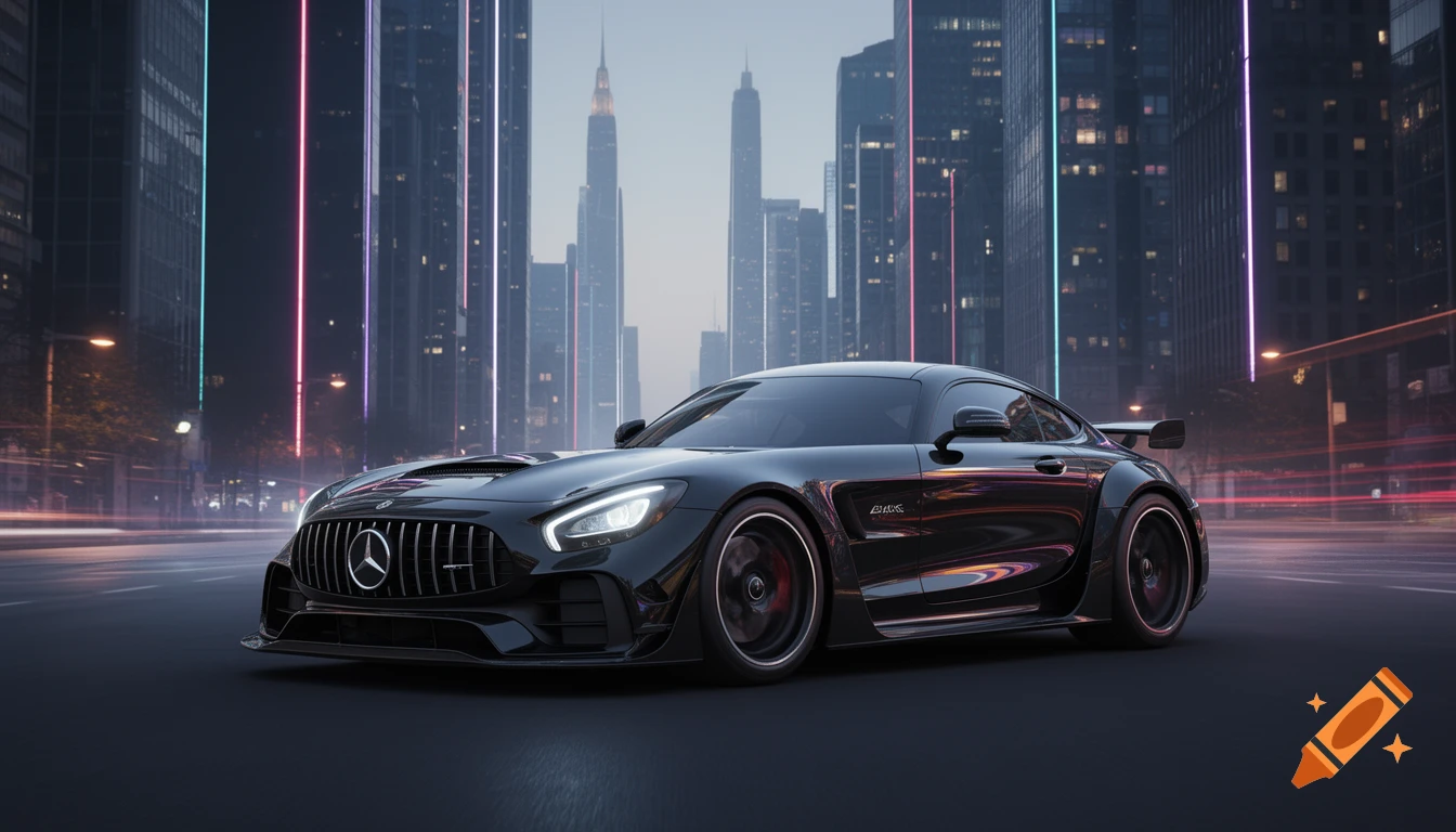 A sleek black sports car with bright headlights on a dark city street at night, with illuminated skyscrapers and light trails.