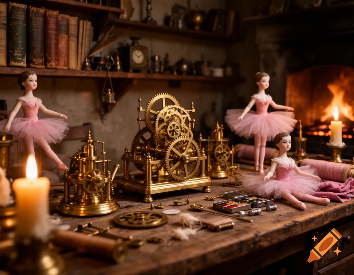 Ballerina dolls and intricate brass gears on a candlelit workshop table with tools, books, and a fireplace in the background.