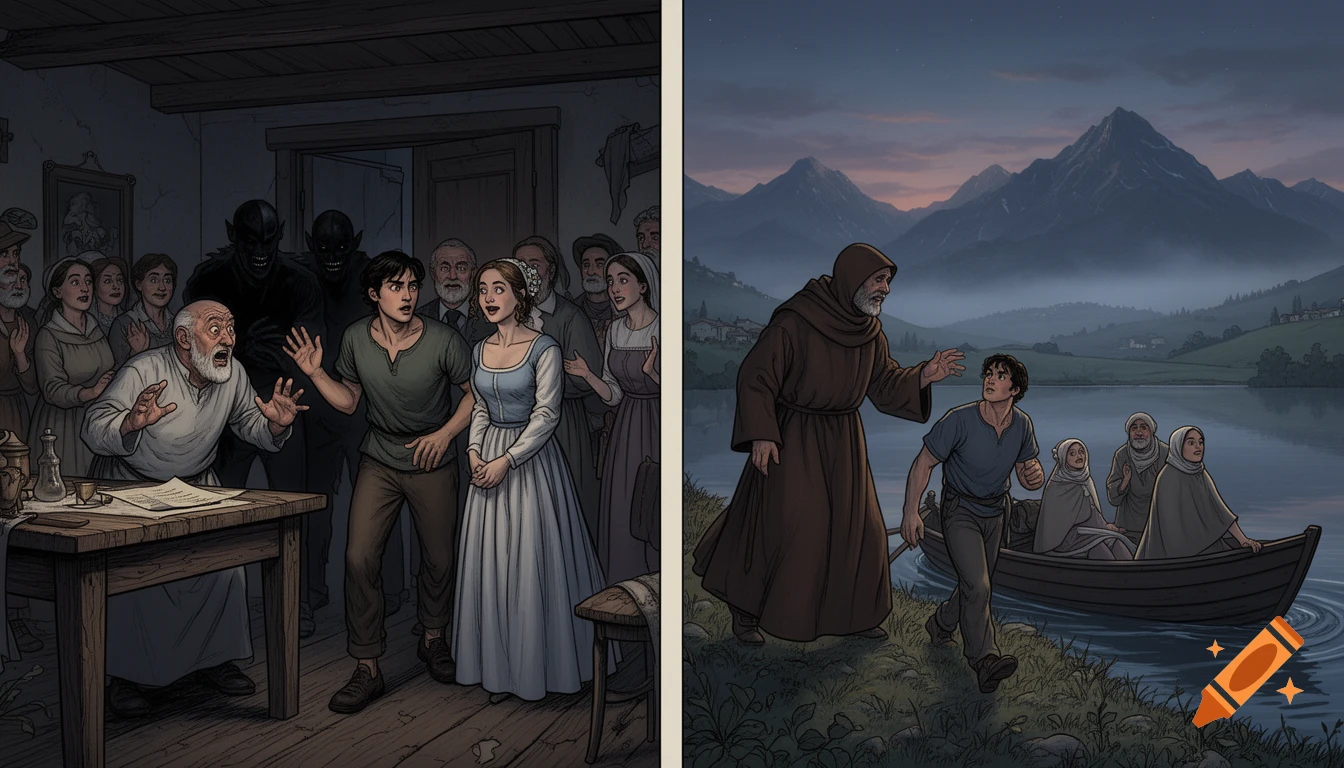 A two-panel illustration. Left: An old man recoils in fear from a young couple in a dark room, with menacing figures in the background. Right: A monk and a young man on a lake's edge, with a boat carrying women, against a backdrop of misty mountains.