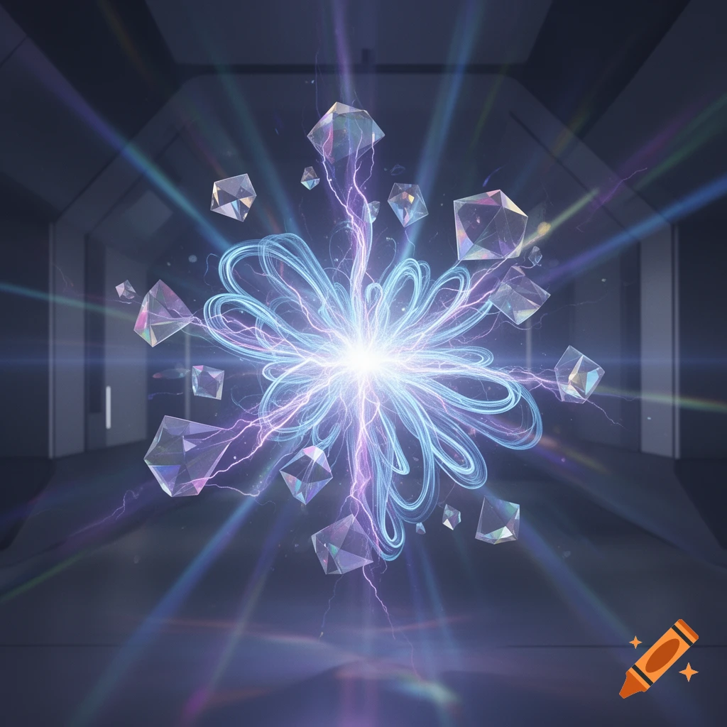 A vibrant, abstract electrical energy point with blue light and purple lightning, surrounded by faceted crystals in a dark, futuristic corridor.