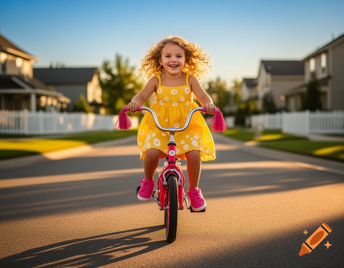 A happy little girl with curly hair in a yellow dress rides a pink bicycle on a sunny residential street.