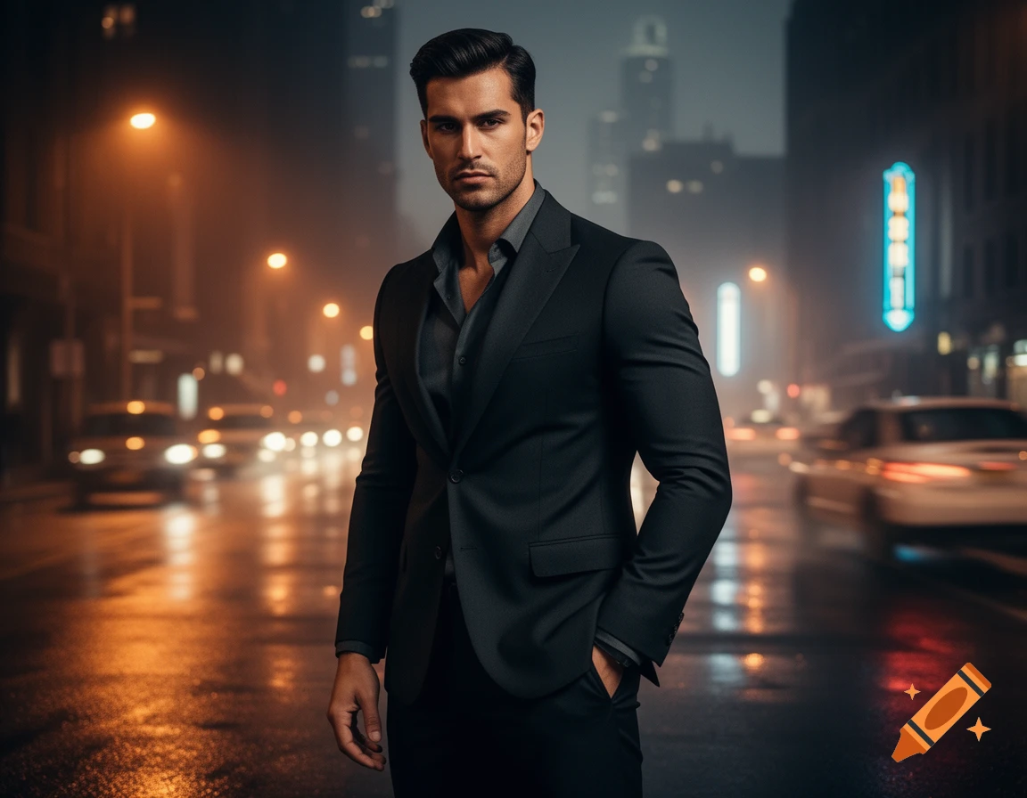 A man in a dark suit stands on a wet city street at night, illuminated by streetlights and car headlights, in a photorealistic style.