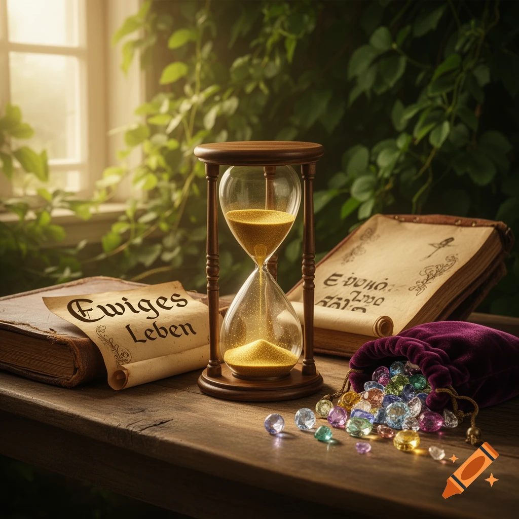 A still life showing an hourglass with sand, a scroll reading 'Ewiges Leben', old books, and scattered colorful gems on a wooden table, bathed in soft light from a window with green foliage outside.