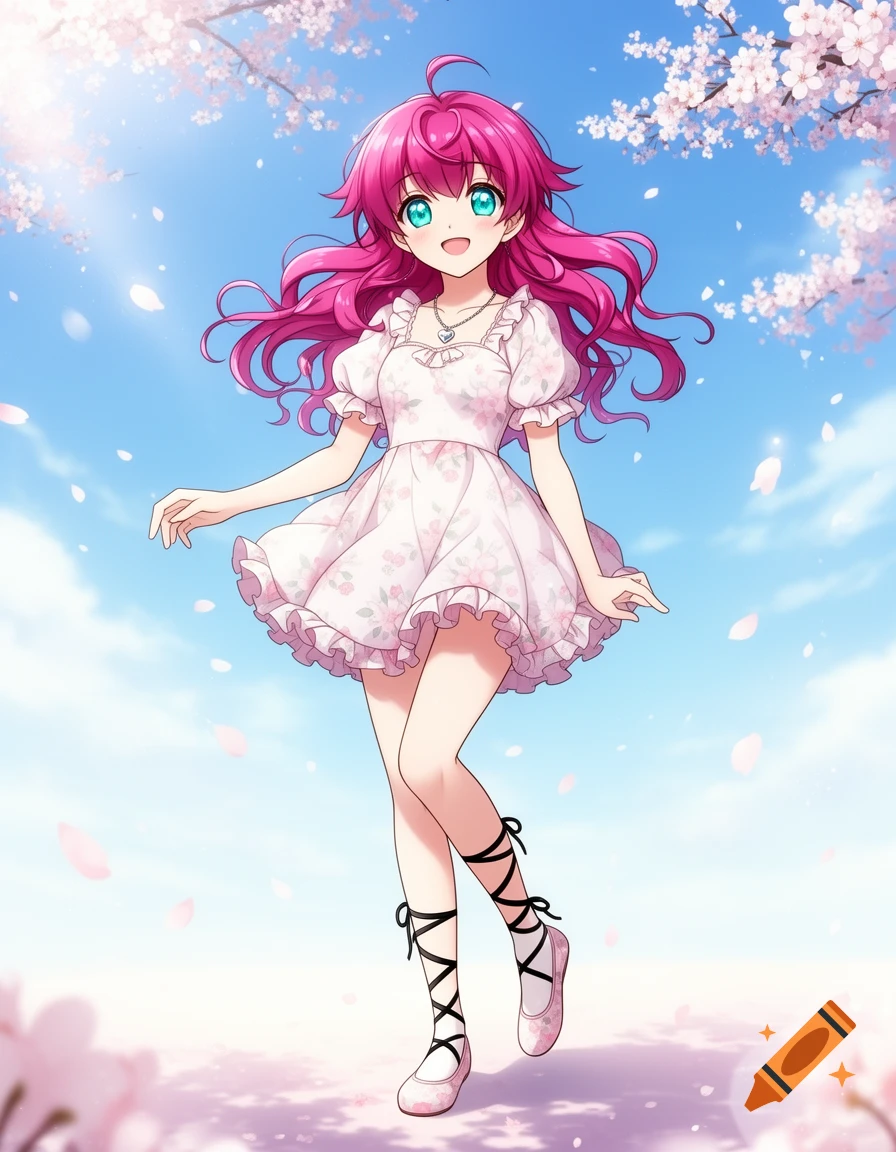 An anime girl with vibrant pink hair and a white floral dress smiles in a field of falling cherry blossom petals.