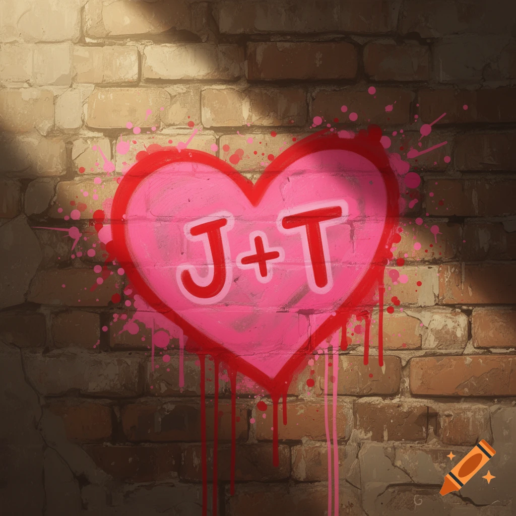 A cute pink and red graffiti heart with "J+T" sprayed on a brick wall, featuring paint drips and splatters.