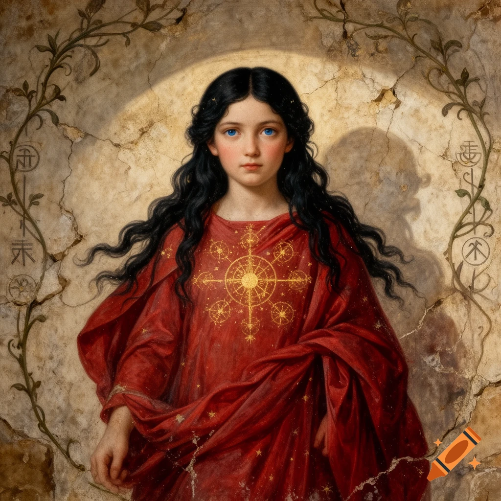 Portrait painting of a dark-haired girl in a red cloak with blue eyes, against a cracked ancient mural with golden symbols and vines.